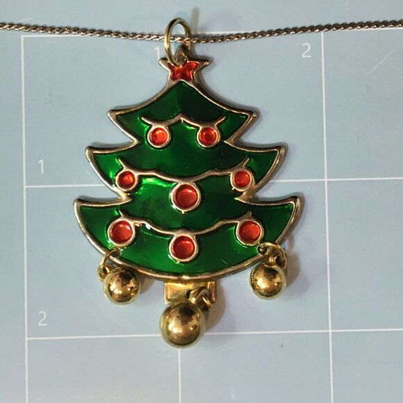 Silver Color 17.5in Christmas Necklace Gold Tone Jingle Bells Green Tree Pendant - Picture 8 of 10